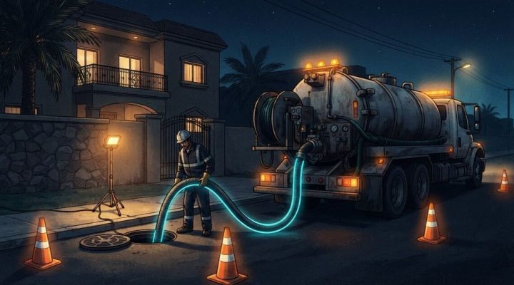 رسم تشغيلي لشفط بيارة ليلاً في حي سكني
