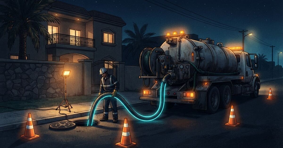 رسم تشغيلي لشفط بيارة ليلاً في حي سكني
